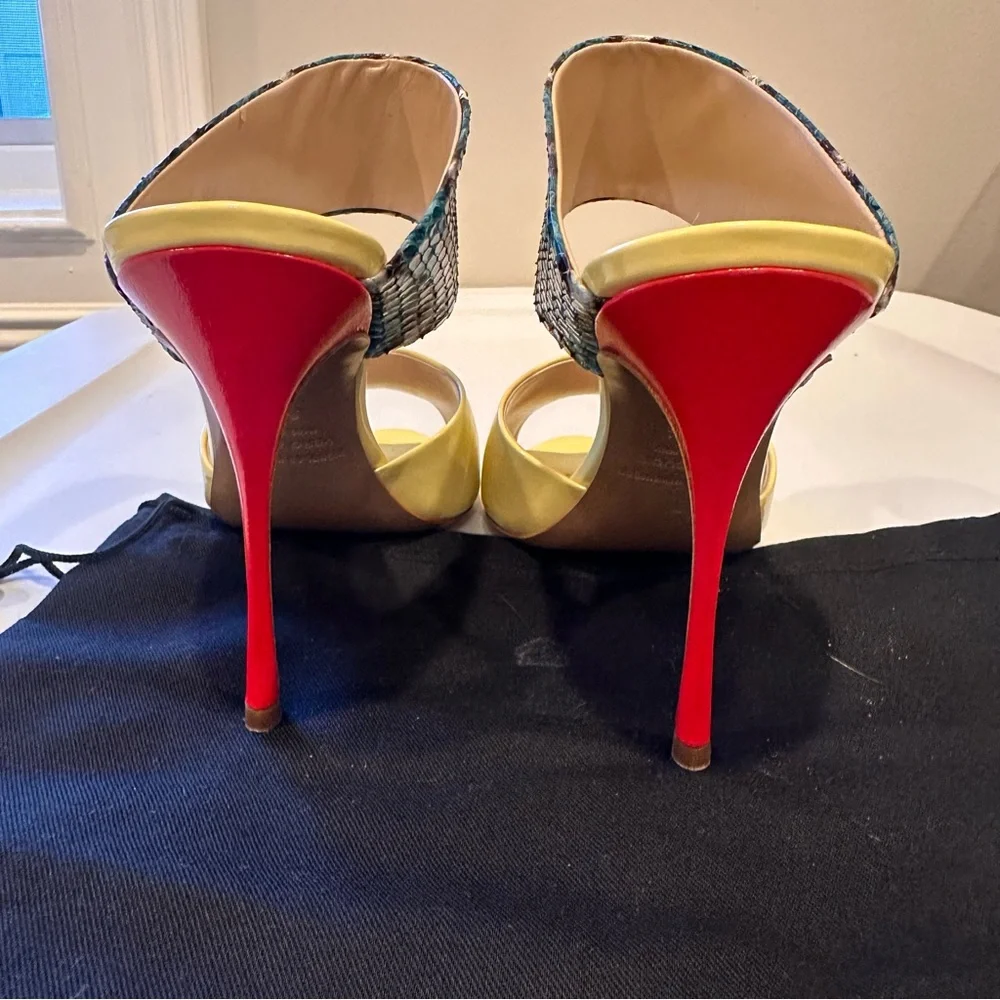 NICHOLAS KIRKWOOD 2013 Butter Yellow & Red Heels w/ Blue & Black Snakeskin Strap - Picture 9 of 14